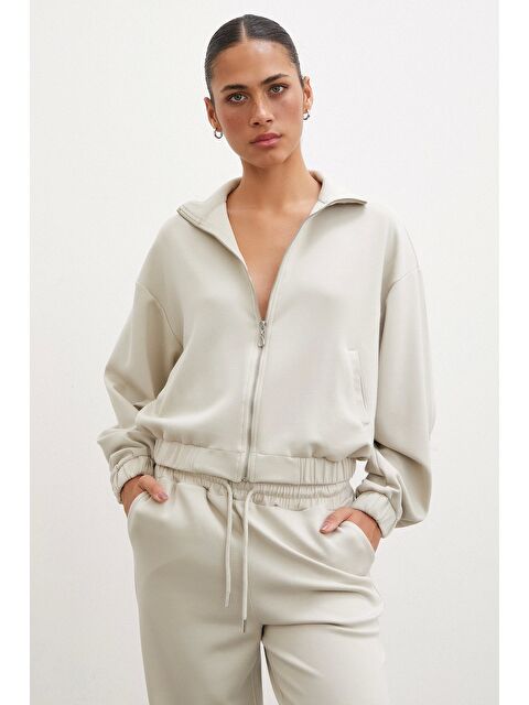 Never More Fermuarlı Sweatshirt Taş - S000278037-25636