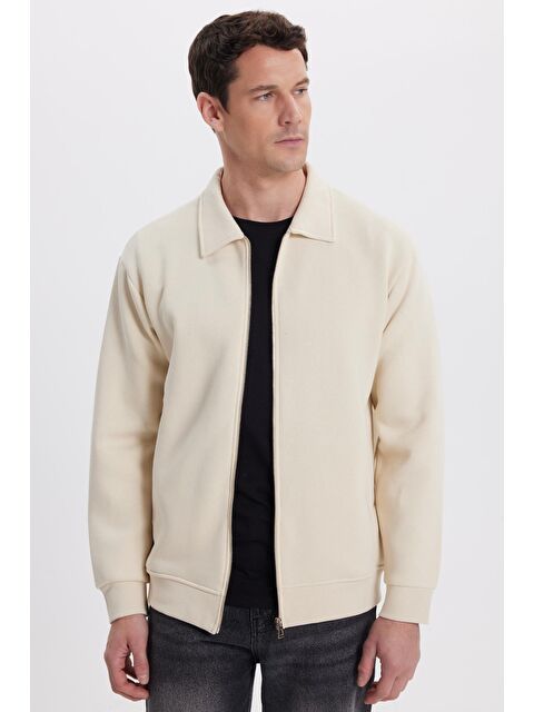 TUDORS Unisex Relax Fit Rahat Kesim Pamuklu İç Polarlı Fermuarlı Bej Polo Yaka Flato Cepli Sweatshirt Hırka - S000519519-19928