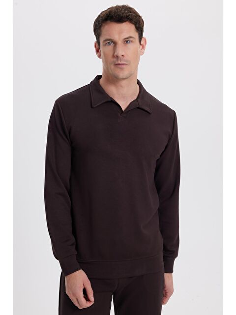 TUDORS Erkek Relax Fit Rahat Kesim Polo V Yaka Kahverengi Sweatshirt - S000519523-19413