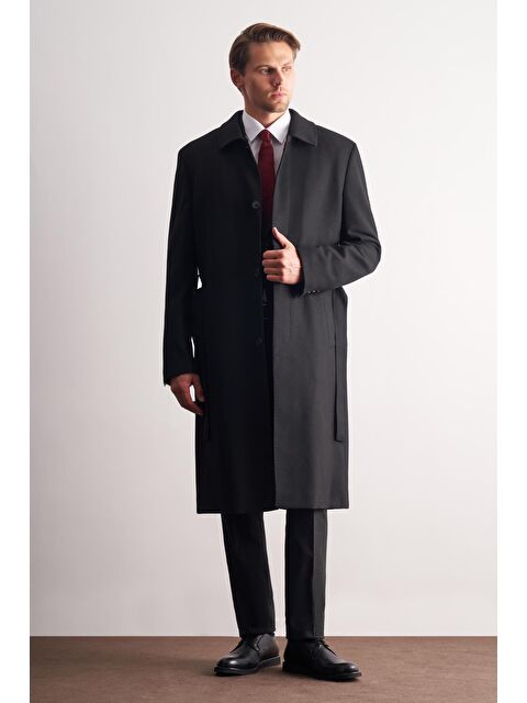 İMZA Siyah 115 Cm Kaşe Polo Yaka Düz Esnek Garnisiz-Biyesiz Comfort Fit Palto 1005255150 - S000448207-19351