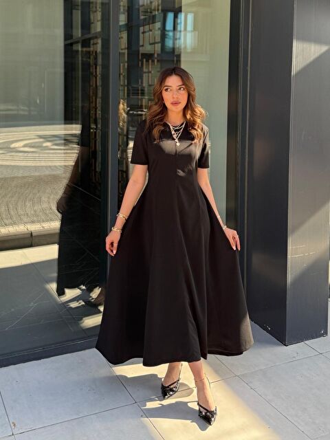 Jane's Kadın Kısa Kollu Bisiklet Yaka Maksi Boy Ithal Krep Elbise