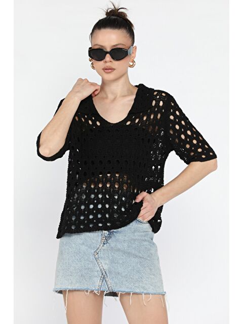 Gülseli Kadın Polo Yaka Ajurlu Mevsimlik Triko Bluz - S000368422-19351