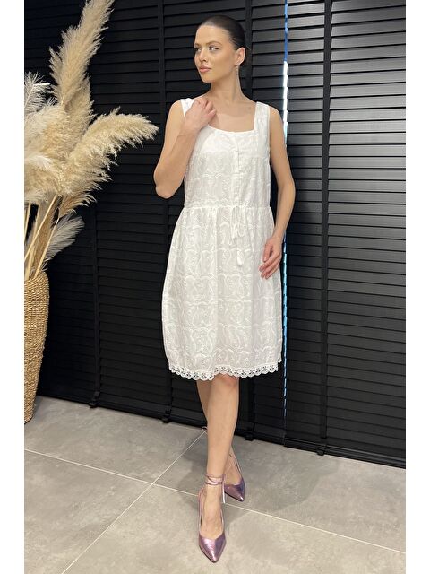 Gülseli Kare Yaka Yarım Düğmeli Elbise - S000379963-20063