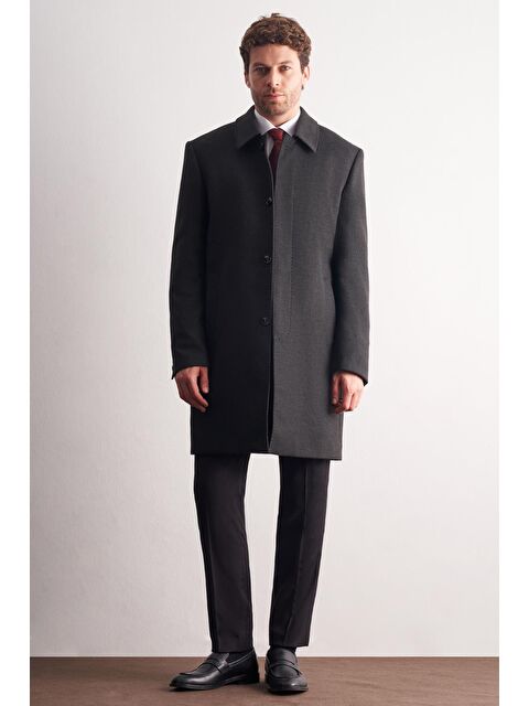 İMZA Koyu Antrasit Berberi Yaka Tam Astar Classic Comfort Fit Esnek Kaşe Palto 1005255152 - S000448206-29666