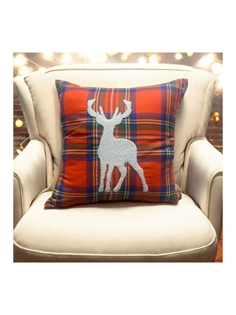 Asdiva Outlet Yılbaşı Kırlent Kılıfı Kırmızı Ekose Kumaş Beyaz Punch Geyik Desenli Süzene Panç 43x43 - S000383710-37327