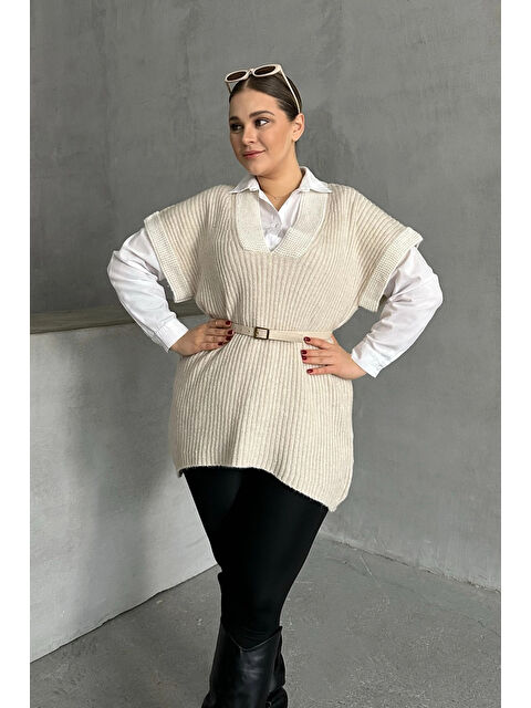 Stil Diva Büyük Beden V Yaka Kısa Kollu Triko Süveter 302137 - S000331934-19965