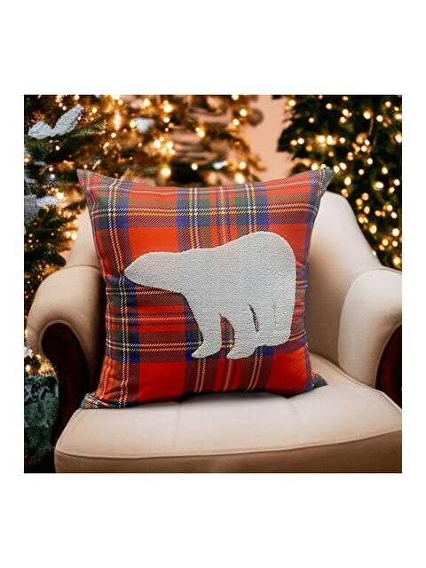 Asdiva Outlet Yılbaşı Kırlent Kılıfı Kırmızı Ekose Kumaş Beyaz Punch Boz Ayı Desenli Süzene Panç 43x43 - S000383710-20063
