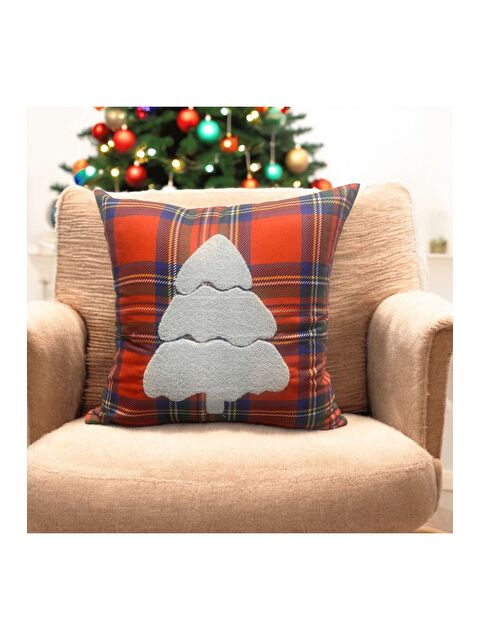 Asdiva Outlet Yılbaşı Kırlent Kılıfı Kırmızı Ekose Kumaş Beyaz Punch Yılbaşı Ağacı Desenli Süzene 43x43 - S000383710-2461
