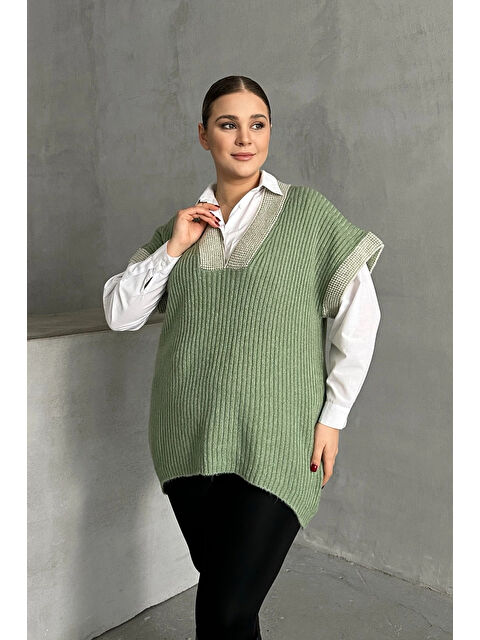 Stil Diva Büyük Beden V Yaka Kısa Kollu Triko Süveter 302136 - S000331943-34927