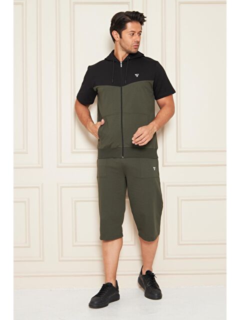 TRENDHILL Erkek Pamuklu Kapüşonlu Kapri Takım Siyah / Haki 7501-S.H. - S000515190-18547