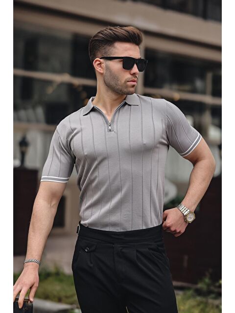 Madmext Erkek Gri Polo Yaka Fermuarlı Tişört 6876