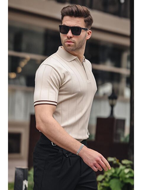 Madmext Erkek Taş Rengi Polo Yaka Fermuarlı Tişört 6876