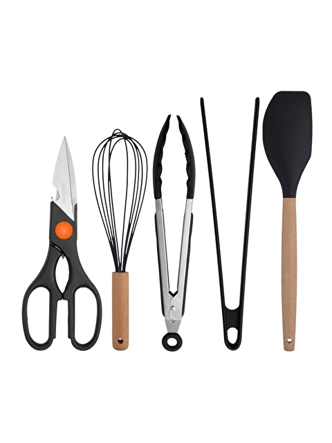 Kitchen Design Lab Siyah Bambu Silikon - Kepçe Kaşık Kevgir Makarna 2 Spatula Silikon Metal Maşa Makas Çırpıcı - S000432993-6381