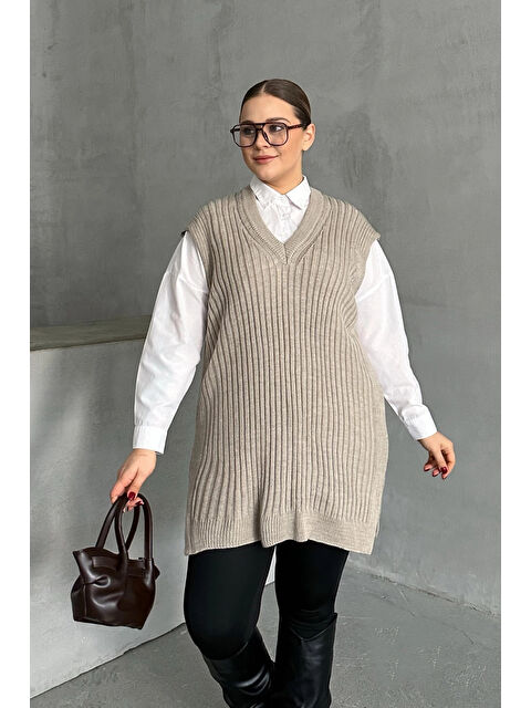 Stil Diva Büyük Beden V Yaka Kısa Kollu Triko Süveter 302133 - S000332402-26429