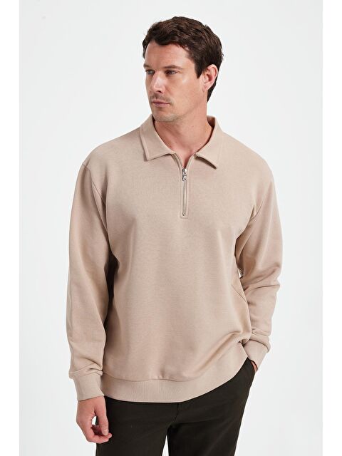 TUDORS Erkek Relax Fit Rahat Kesim Pamuklu 3 İplik Fermuarlı Polo Yaka Taş Sweatshirt - S000519538-25636