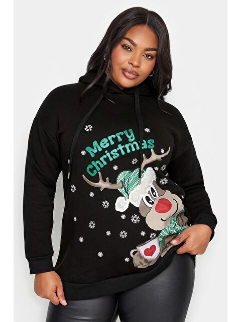 Stil Diva Büyük Beden Yılbaşı Temalı Baskılı Uzun Kollu Kapüşonlu Sweatshirt 302760 - S000136756-19351