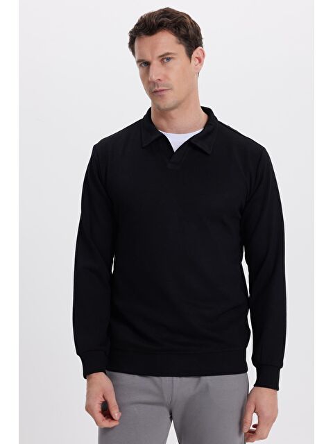 TUDORS Erkek Relax Fit Rahat Kesim Polo V Yaka Siyah Sweatshirt - S000519541-19351