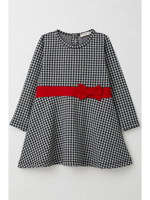 Breeze Kız Çocuk Uzun Kollu Elbise Kaz Ayağı Desenli Fiyonklu Siyah (3-8 Yaş) - S000294527-19351