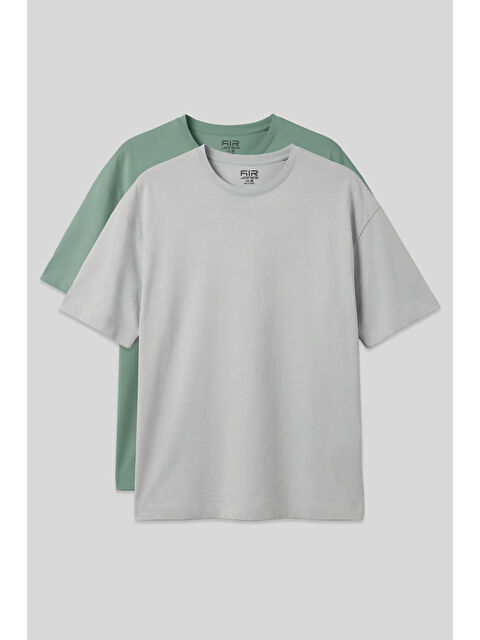 Air Jones Oversize Fit Basic 2li Paket Taş-Açık Yeşil Erkek T-Shirt - 88353 - S000517934-27206