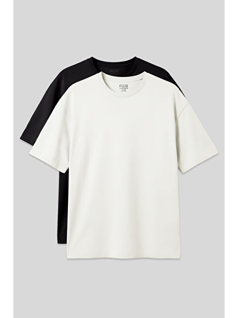 Air Jones Basic Oversize O Yaka 2li Paket Siyah-Ekru Erkek T-Shirt - 88377 - S000517935-27204