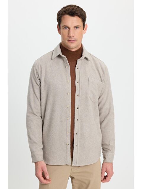 TUDORS Erkek Regular Fit Klasik Kesim Düz Cepli Koyu Vizon Oduncu Gömlek - S000521894-26429