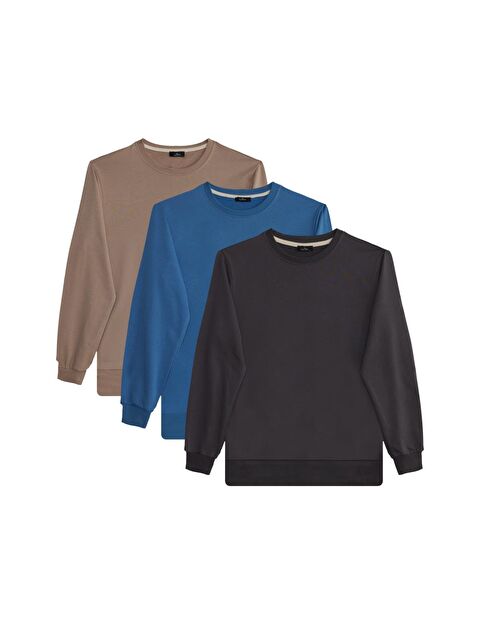 TUDORS Erkek 3'Lü Koyu Gri-Taş-Mavi Relax Fit Rahat Kesim %100 Pamuk 2 İplik Bisiklet Yaka Sweatshirt - S000519552-23173