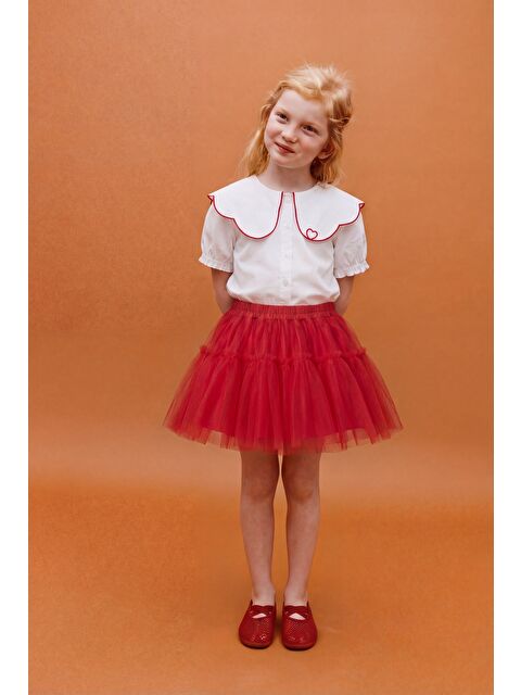 Magu Kız Çocuk Pamuklu Beyaz Kalp Nakışlı Gömlek Ve Kırmızı Tül Etek Takım - S000527386-37243