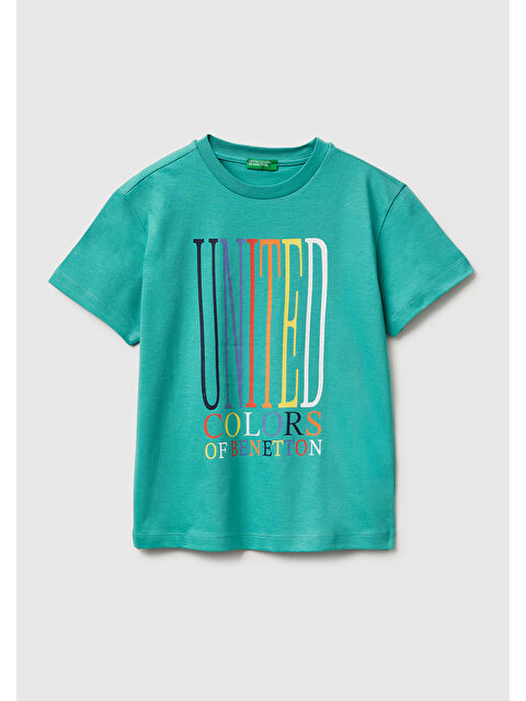 United Colors Of Benetton Erkek Çocuk Mavi-yeşil Önü Logo Baskılı Bisiklet Yaka T-Shirt