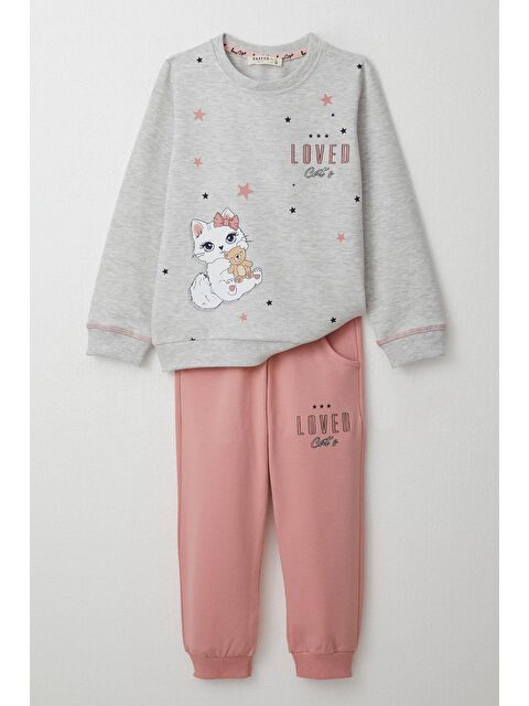 Breeze Kız Çocuk Eşofman Takım Sevimli Kedicik Baskılı Açık Gri Melanj (1.5-5 Yaş) - S000294546-17308