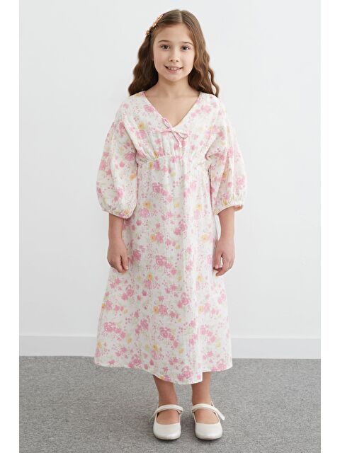 Fullamoda %100 Pamuk Çiçek Desenli Kız Çocuk Elbise - S000520389-20024