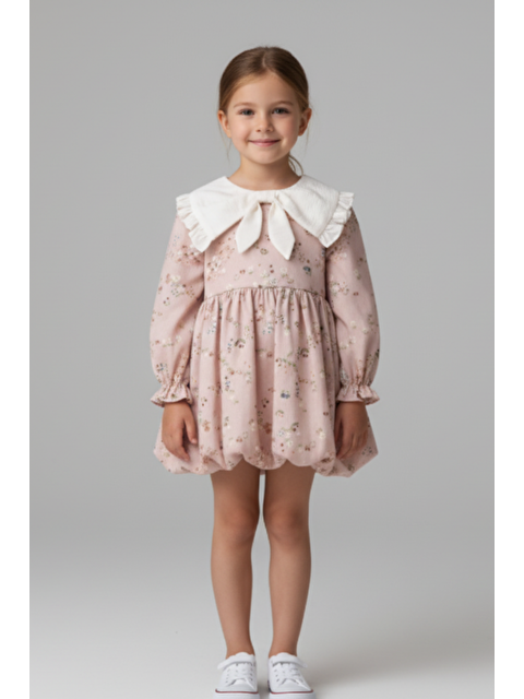Magu Kız Çocuk Pamuklu Pudra Çiçek Desenli Elbise - Fırfır Yaka, Uzun Kollu, Fiyonk Detaylı - S000491885-23173