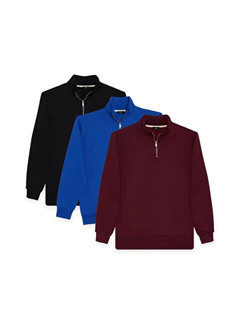 TUDORS Unisex 3'Lü Paket Siyah-Saks Mavi-Bordo Relax Fit Pamuklu Yarım Fermuarlı Dik Yaka Sweatshirt - S000519561-23173
