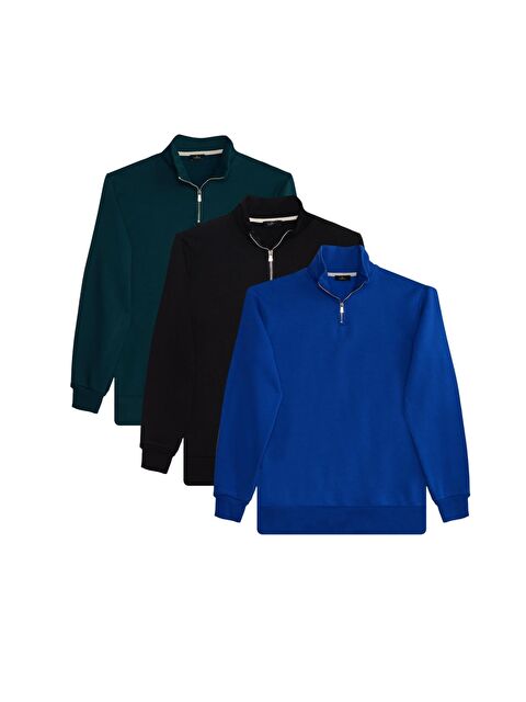 TUDORS Unisex 3'Lü Paket Siyah-Sax Mavi-Yeşil Relax Fit Pamuklu Yarım Fermuarlı Dik Yaka Sweatshirt - S000519566-23173