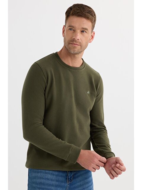 TUDORS Erkek Slim Fit Dar Kesim Pamuklu Selanik Kumaş Bisiklet Yaka Haki Sweatshirt - S000519570-18547