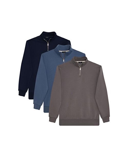 TUDORS Unisex 3'Lü Paket Lacivert-İndigo-Gri Relax Fit Pamuklu Yarım Fermuarlı Dik Yaka Sweatshirt - S000519571-23173
