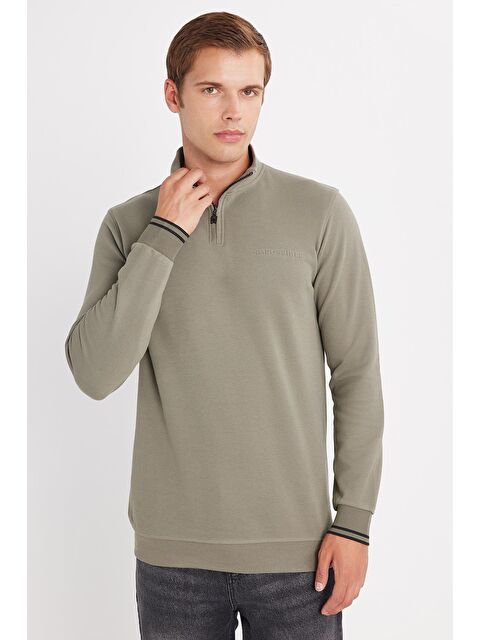 TUDORS Erkek Slim Fit Dar Kesim Pamuklu Yarım Fermuarlı Dik Yaka Haki Sweatshirt - S000519573-18547