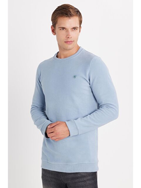 TUDORS Erkek Slim Fit Dar Kesim Pamuklu Selanik Kumaş Bisiklet Yaka Mavi Sweatshirt - S000519574-17234