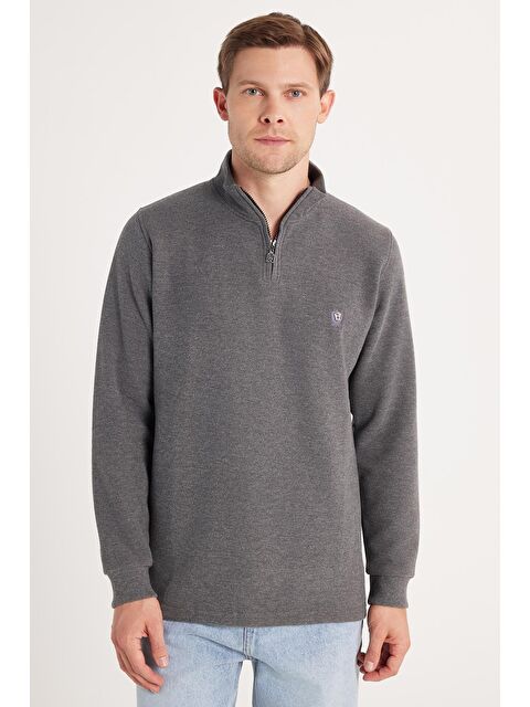 TUDORS Erkek Slim Fit Dar Kesim Pamuklu Selanik Kumaş Yarım Fermuarlı Antrasit Dik Yaka Sweatshirt - S000519575-29666