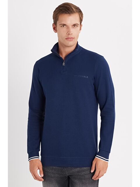TUDORS Erkek Slim Fit Dar Kesim Pamuklu Yarım Fermuarlı Dik Yaka Lacivert Sweatshirt - S000519580-21164