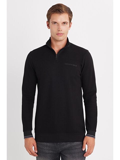 TUDORS Erkek Slim Fit Dar Kesim Pamuklu Yarım Fermuarlı Dik Yaka Siyah Sweatshirt - S000519586-19351