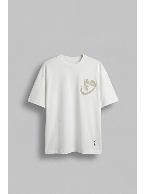 Abluka Online Erkek Oversize Pamuklu Kaligrafi Nakışlı Motif T-Shirt Beyaz - S000521899-20063