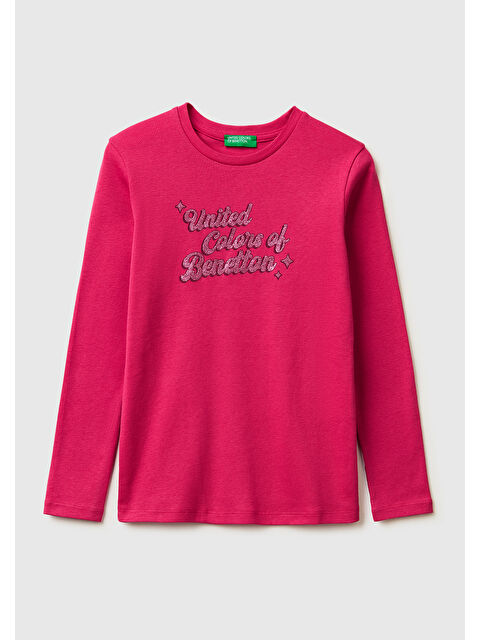 United Colors Of Benetton Kız Çocuk Koyu Pembe Simli Logo Detaylı Bisiklet Yaka Uzun Kollu T-Shirt