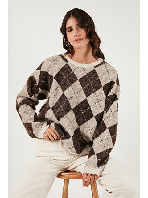 Lela Baklava Desenli Oversize Bisiklet Yaka Yumuşak Dokulu Kazak 4616262 - S000480559-19413