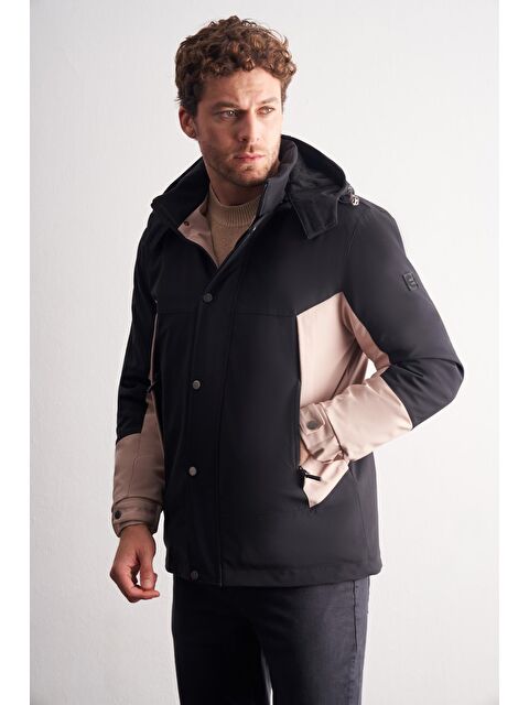 İMZA Siyah - Bej Kapüşonlu Yaka Bondid Yırtmaçsız Casual Mont 1007255134 - S000505623-37423