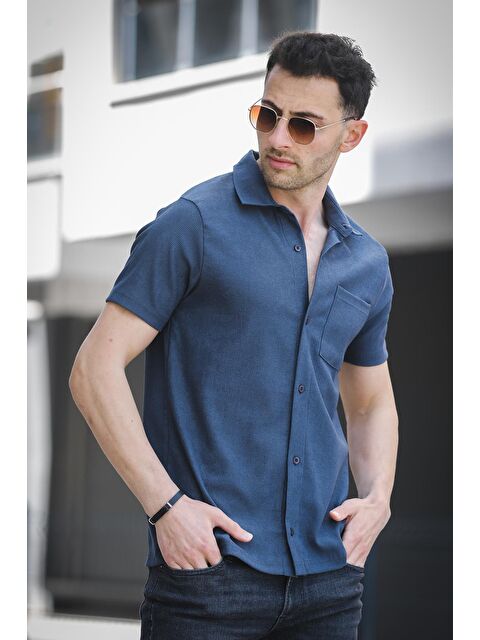 Oksit Theo Slim Fit Esnek Elastanlı Kısa Kol Ayaklı Yaka Erkek Gömlek - S000388150-20019