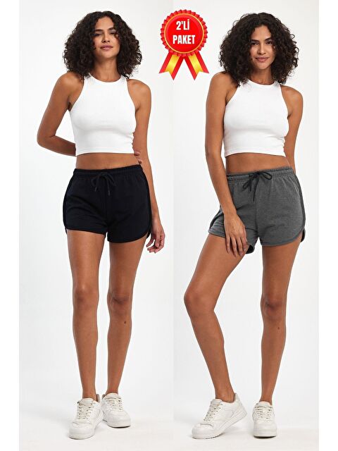 Mmetalic Kadın Yırtmaçlı Mevsimlik Premium Kumaş Regular Fit İpli Siyah-Gri Kısa Mini Şort
