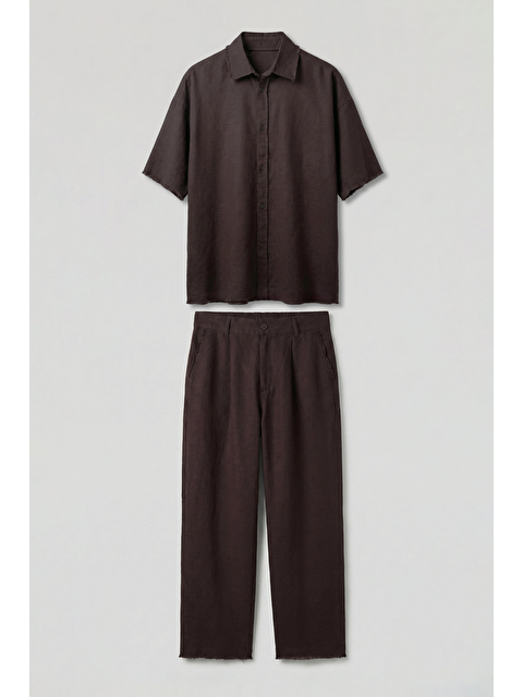 Abluka Online Erkek Oversize Pamuklu Gömlek Pantolon İkili Takım Kahverengi - S000521902-19413