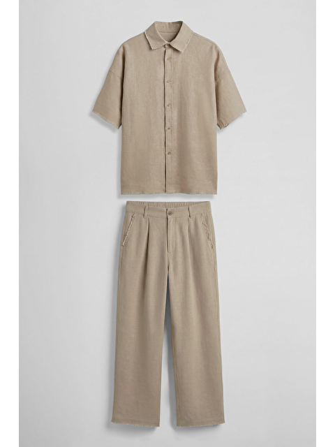 Abluka Online Erkek Oversize Pamuklu Gömlek Pantolon İkili Takım Bej - S000521902-19928