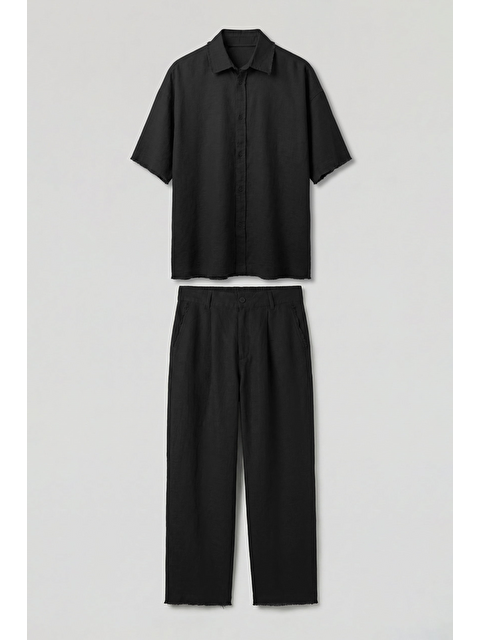 Abluka Online Erkek Oversize Pamuklu Gömlek Pantolon İkili Takım Siyah - S000521902-19351