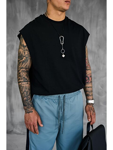 Abluka Online Erkek Oversize Dokulu Yuvarlak Yaka Kolsuz T-Shirt Siyah - S000236542-19351